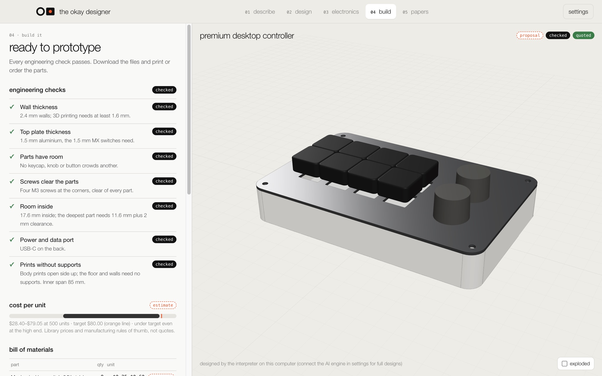 The build step: every engineering check passing, cost under target, production files.