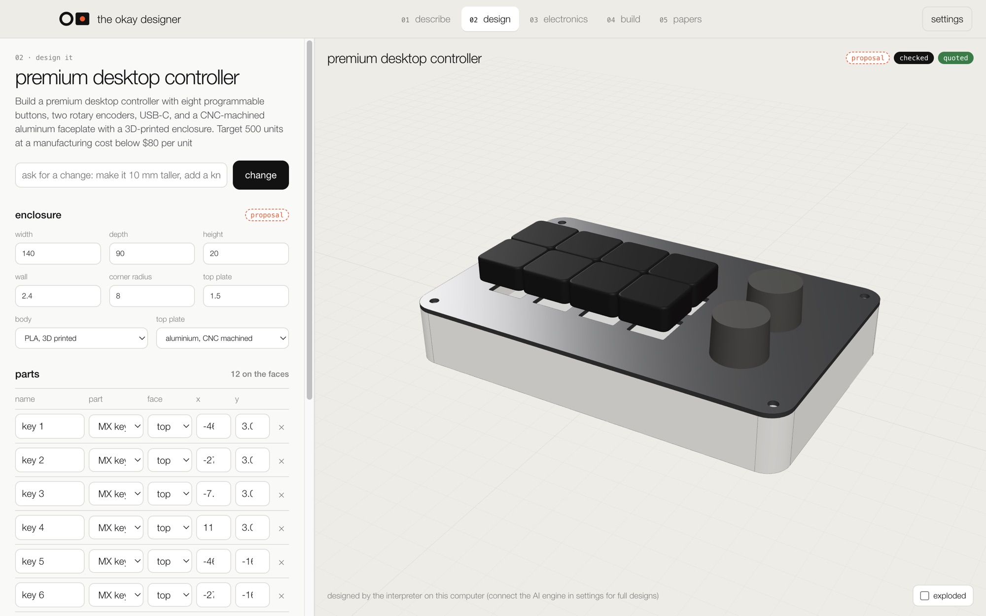 The Okay Designer showing a premium desktop controller with eight keys, two knobs and an aluminium top plate, designed from one sentence.