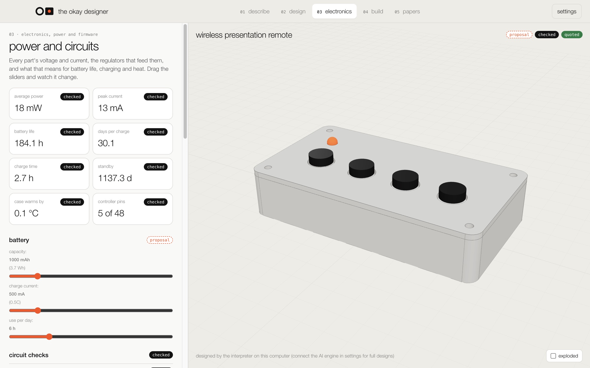 The electronics step for a wireless remote: 30 days per charge, 2.7 hour charge time, circuit checks.